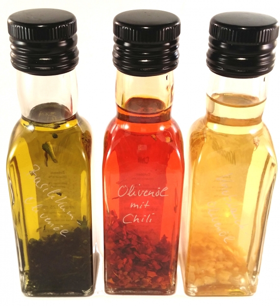 Basilikum-/Chili-/Knoblauch-Olivenöl 3er Set